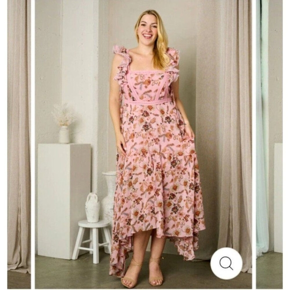 Rosevelvet PLUS SIZE SLEEVELESS RUFFLE SQUARE NECK FLORAL MAXI DRESS - Picture 2 of 10